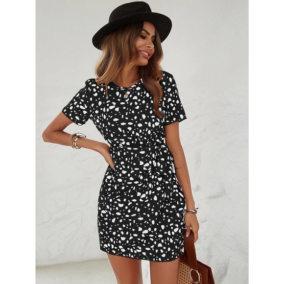 Leopard Print dot Tie Front Dress dark green black - Picture 8 of 11